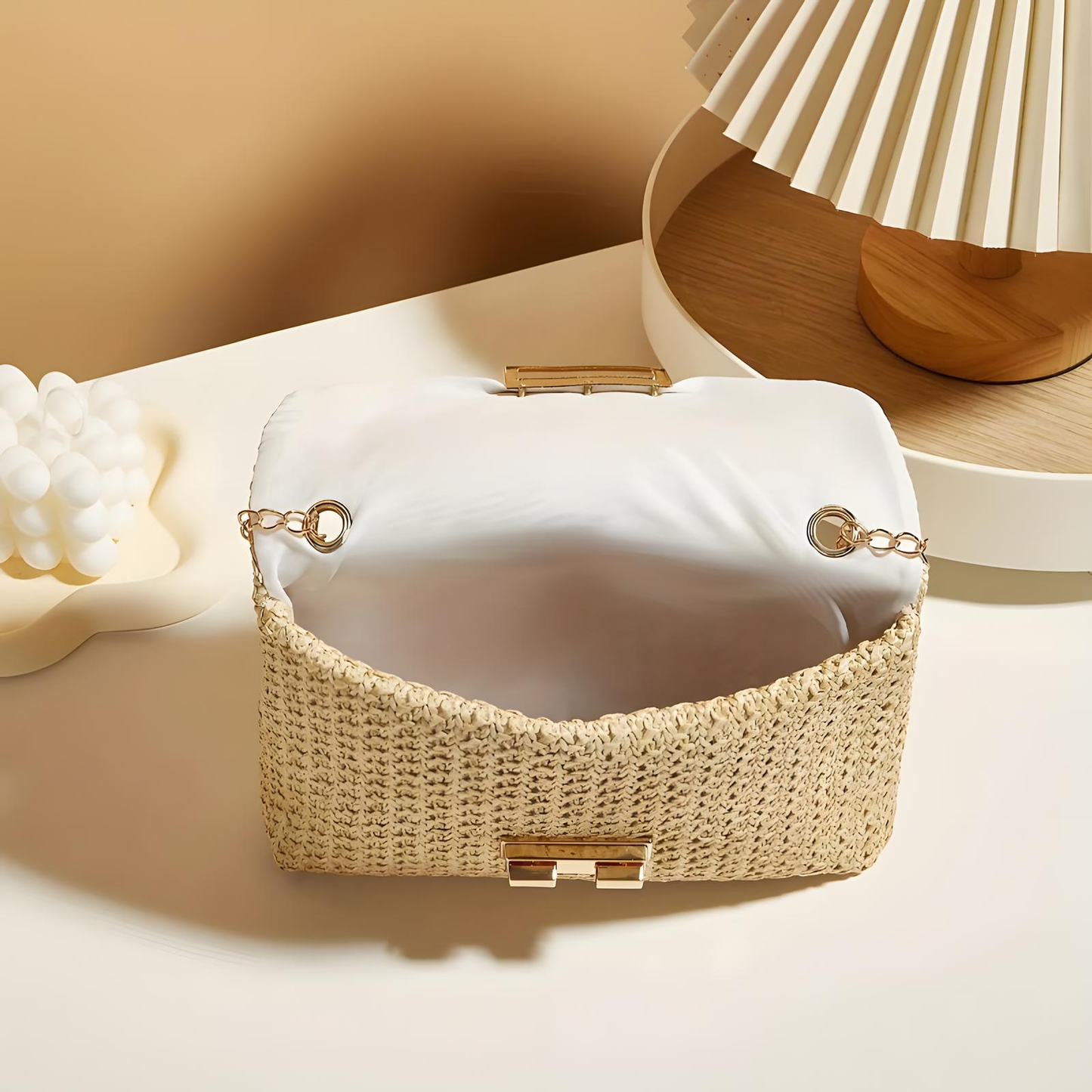 Straw Crossbody Bag With Gold Chain